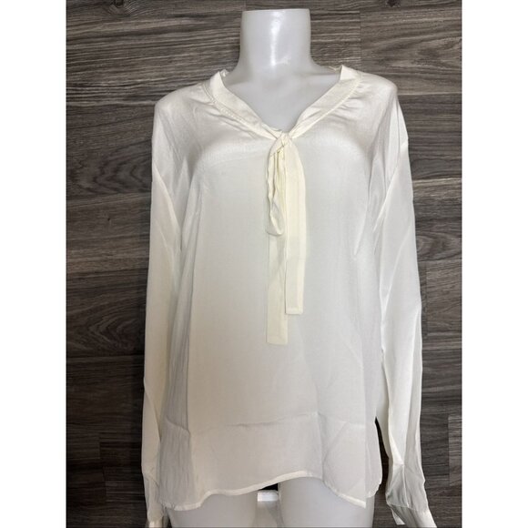 Jeanne Becker 100% Silk Blouse Ivory Cream Button cuff Tie Neck Women’s Size XL - Picture 1 of 8